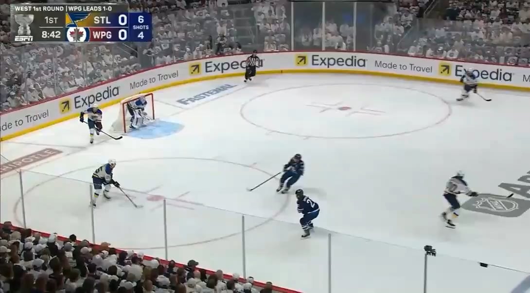 [Ryan Whitney] If I was an NBA coach I would keep this clip handy for every time a guy says he can’t play because his pinky toe hurts and remind him that number 25 (Kyrou) on the Blues was out there next shift.