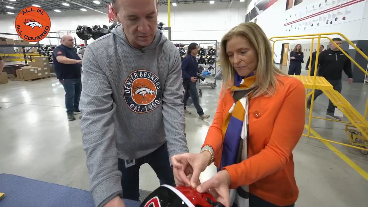 Making these ALL IN. ALL COVERED. helmets official 🔥

Inside 
@RiddellSports' helmet production process with Broncos Owner & Foundation Board Chair Carrie Walton Penner & Peyton Manning