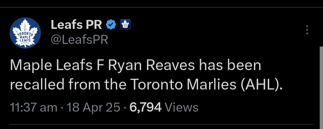 [Leafs PR] Maple Leafs F Ryan Reaves has been recalled from the Toronto Marlies (AHL).
