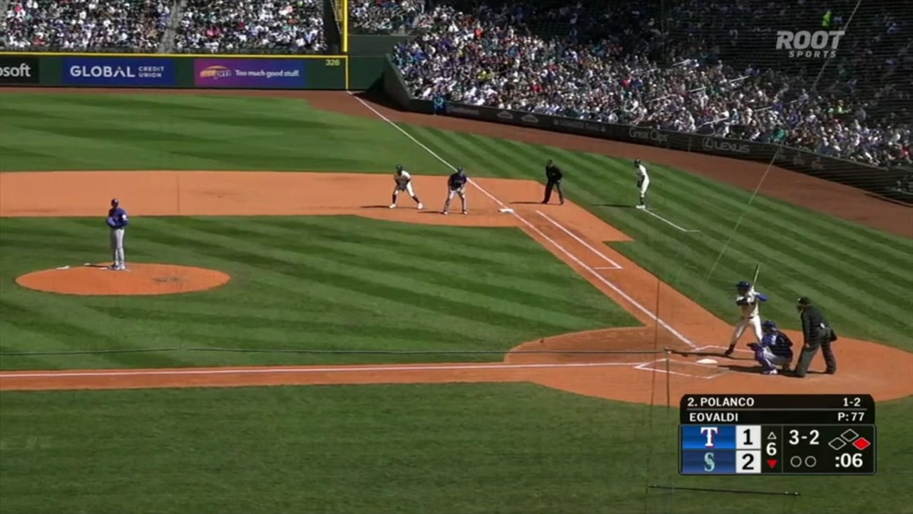 Jorge Polanco hits a soft grounder right to Jake Burger but reaches 1st safely after hitting a spin move to avoid the tag