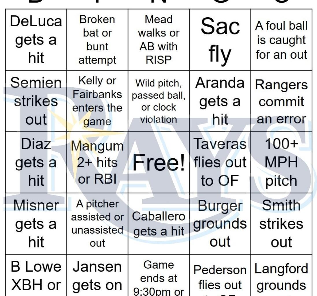 Rays vs Rangers Bingo, 4/5/2025