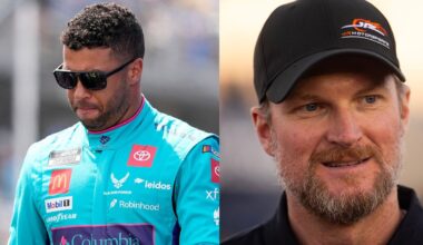 Mar 2, 2025; Austin, Texas, USA; NASCAR Cup Series driver Bubba Wallace (23) walks out onto the stage for driver introductions before the EchoPark Automotive Grand Prix at Circuit of the Americas. Mandatory Credit: Jamie Harms-Imagn Images