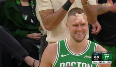 [Highlight] "He lost his horn!", After spilling massive amounts of blood, Kristaps Porzingis comes back in minutes later with just a bandaid on his forehead.