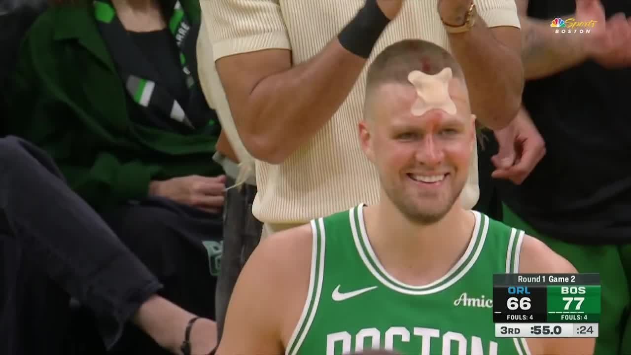 [Highlight] "He lost his horn!", After spilling massive amounts of blood, Kristaps Porzingis comes back in minutes later with just a bandaid on his forehead.