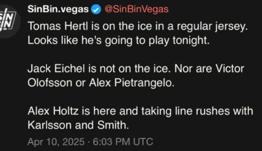 Updates for tonight. Hertl and Hague in, Eichel/Petro/Olaf out