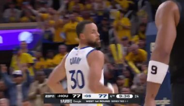 [Highlight] Steph shoots 3 over Brooks. Brooks still trying to hit Curry’s injured thumb even after the ball is released