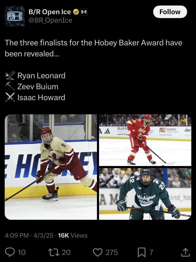 Isaac Howard is a top 3 finalist for the Hobey Baker