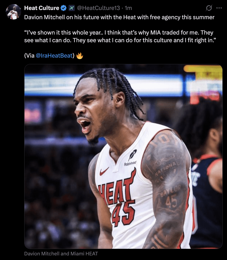 Davion: “I’ve shown it this whole year.. I think that’s why MIA traded for me. They see what I can do. They see what I can do for this culture and I fit right in.” 🔥