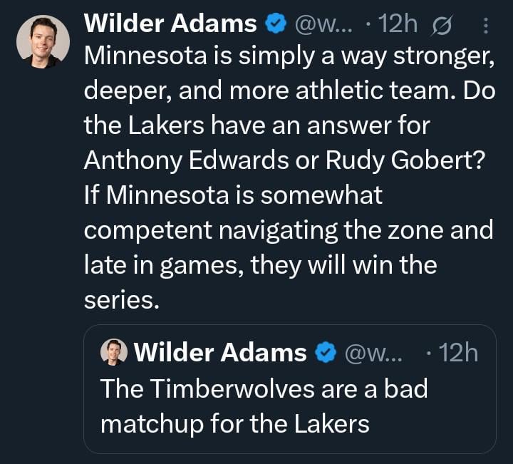 This really needs to be said more, the timberwolves are better than the Lakers and are the better coached team. I don't see this series going to 7 games and I also don't see the Lakers winning the series as a whole