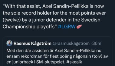 [LGRW Prospects]“With that assist, Axel Sandin-Pellikka is now the sole record holder for the most points ever (twelve) by a junior defender in the Swedish Championship playoffs” #LGRW