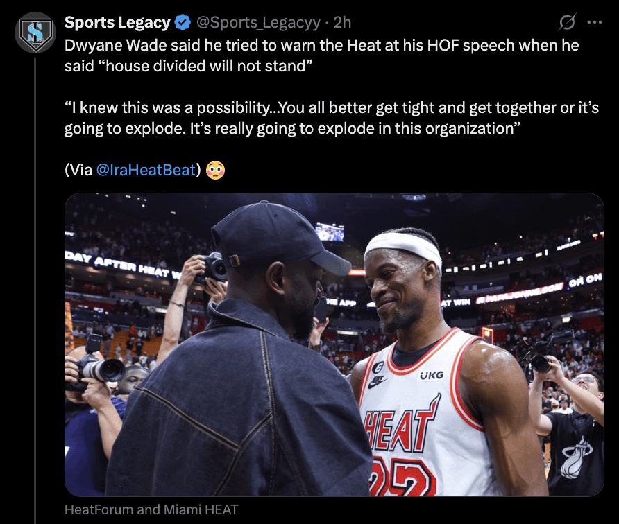 Dwyane Wade said he tried to warn the Heat at his HOF speech when he said “house divided will not stand”