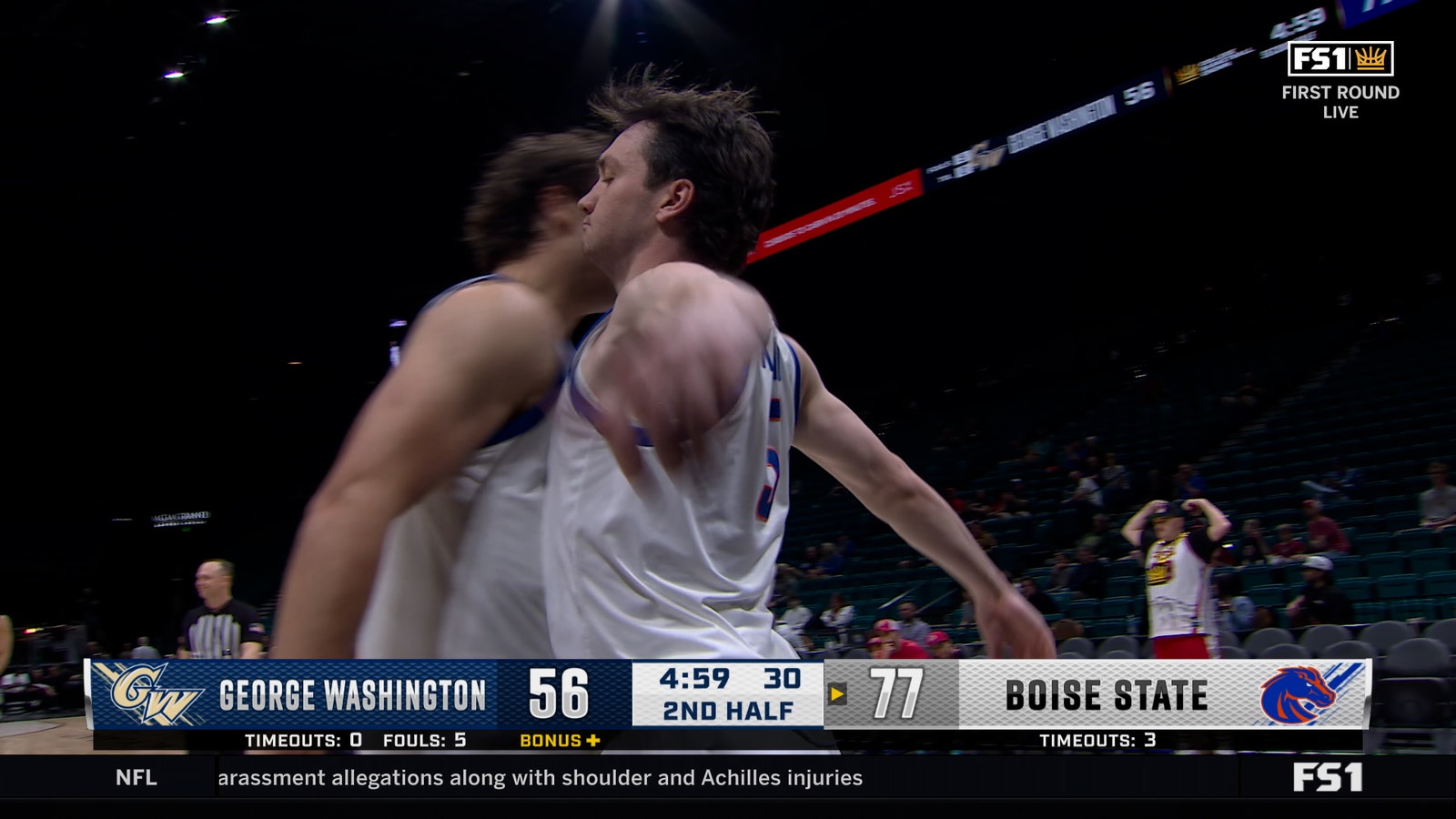 RJ Keene II scores on a put-back, plus a foul, extending Boise State's lead over George Washington