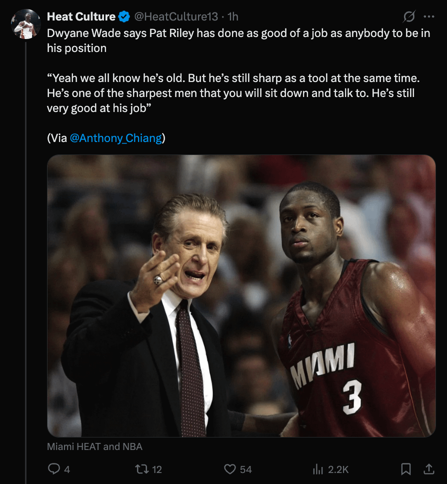 Dwyane Wade says Pat Riley has done as good of a job as anybody to be in his position. Agree or Disagree?