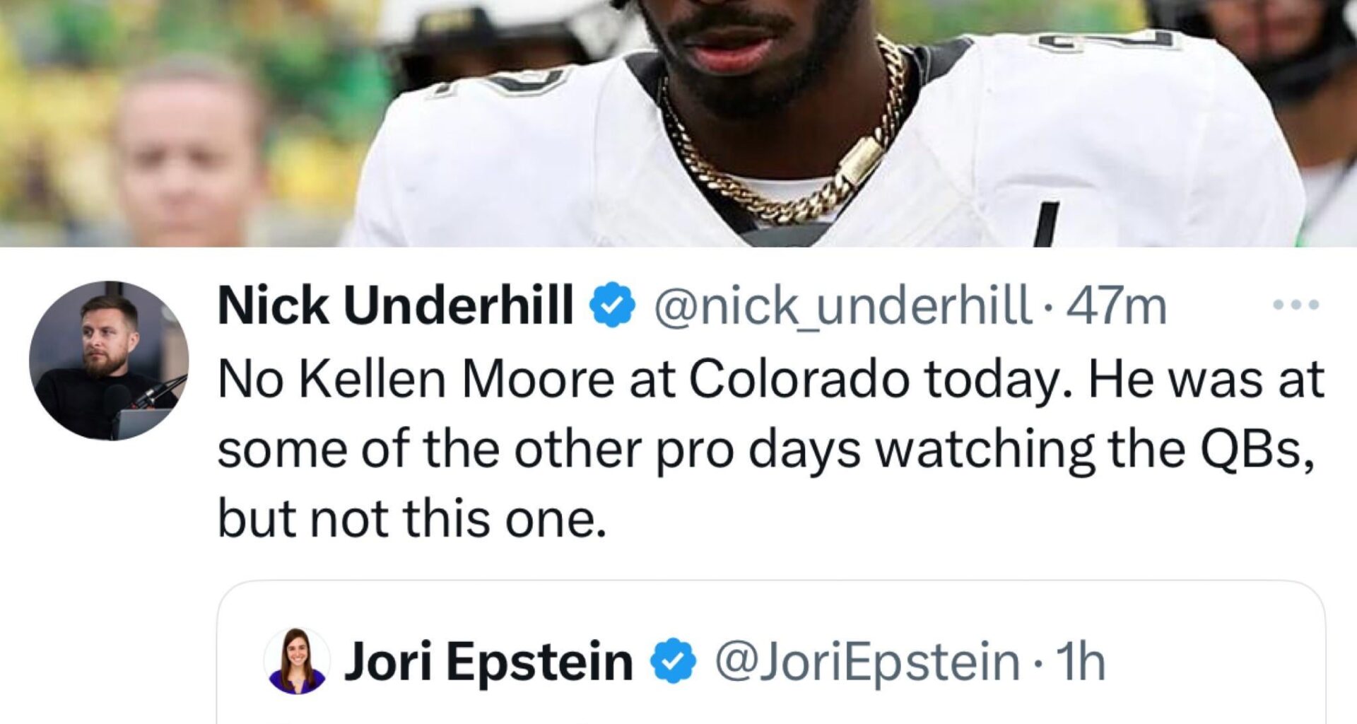 Kellen Moore not in attendance at Colorado’s NFL Showcase today👀…(QB Coach Scott Tolzien & WR Coach Keith Williams are both there)