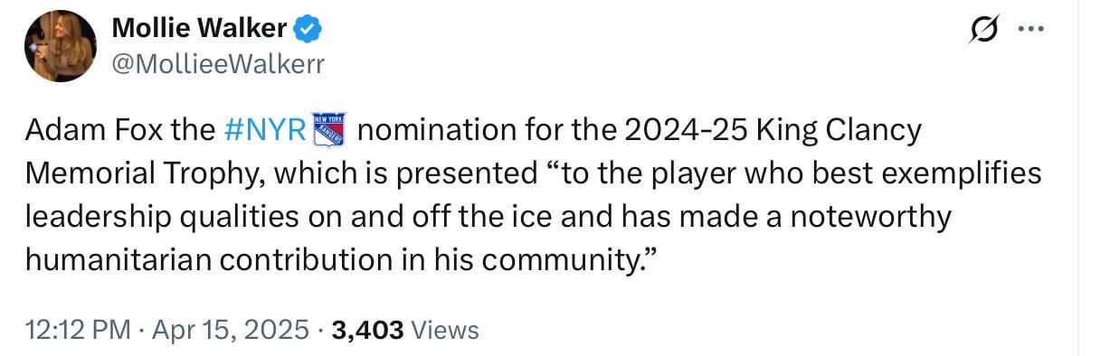 [Walker] Adam Fox is the Rangers nomination for the 2024-25 King Clancy Memorial Trophy
