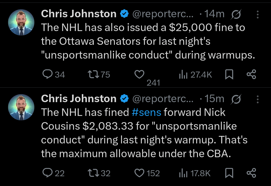 [Johnston] Cousins and Sens fined for "Unsportsmanlike Conduct" during warmups of Game 3