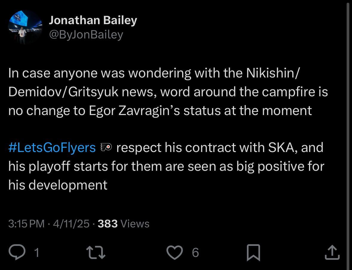[Bailey] In case anyone was wondering with the Nikishin/Demidov/Gritsyuk news, word around the campfire is no change to Egor Zavragin’s status at the moment