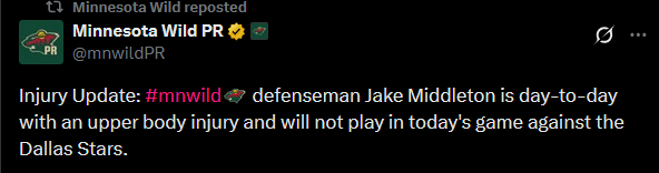 Middleton out against Dallas. Listed as day-to-day...