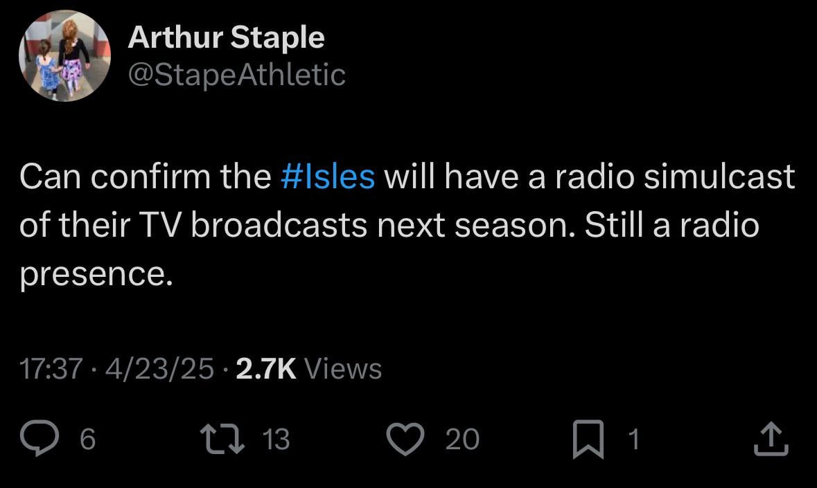 [Staple] Can confirm the #Isles will have a radio simulcast of their TV broadcasts next season. Still a radio presence.