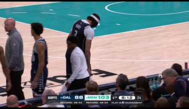 Down 15, Anthony Davis airballs a three, walks gingerly to the bench, Nico Harrison reacts