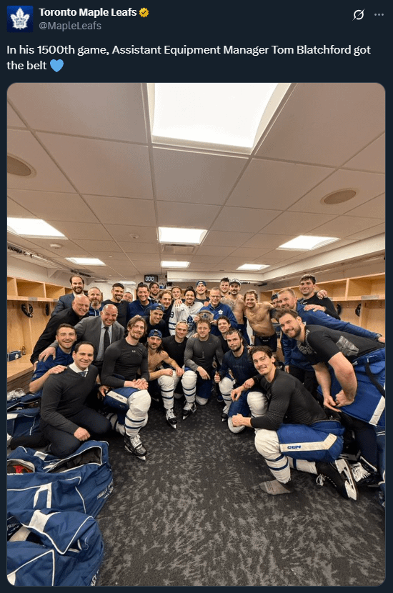 "In his 1500th game, Assistant Equipment Manager Tom Blatchford got the belt 💙" Behind The Scenes Work Gets Some Love