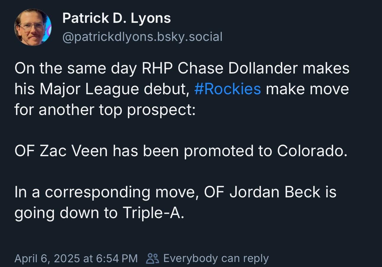 OF Zac Veen has been promoted to Colorado.