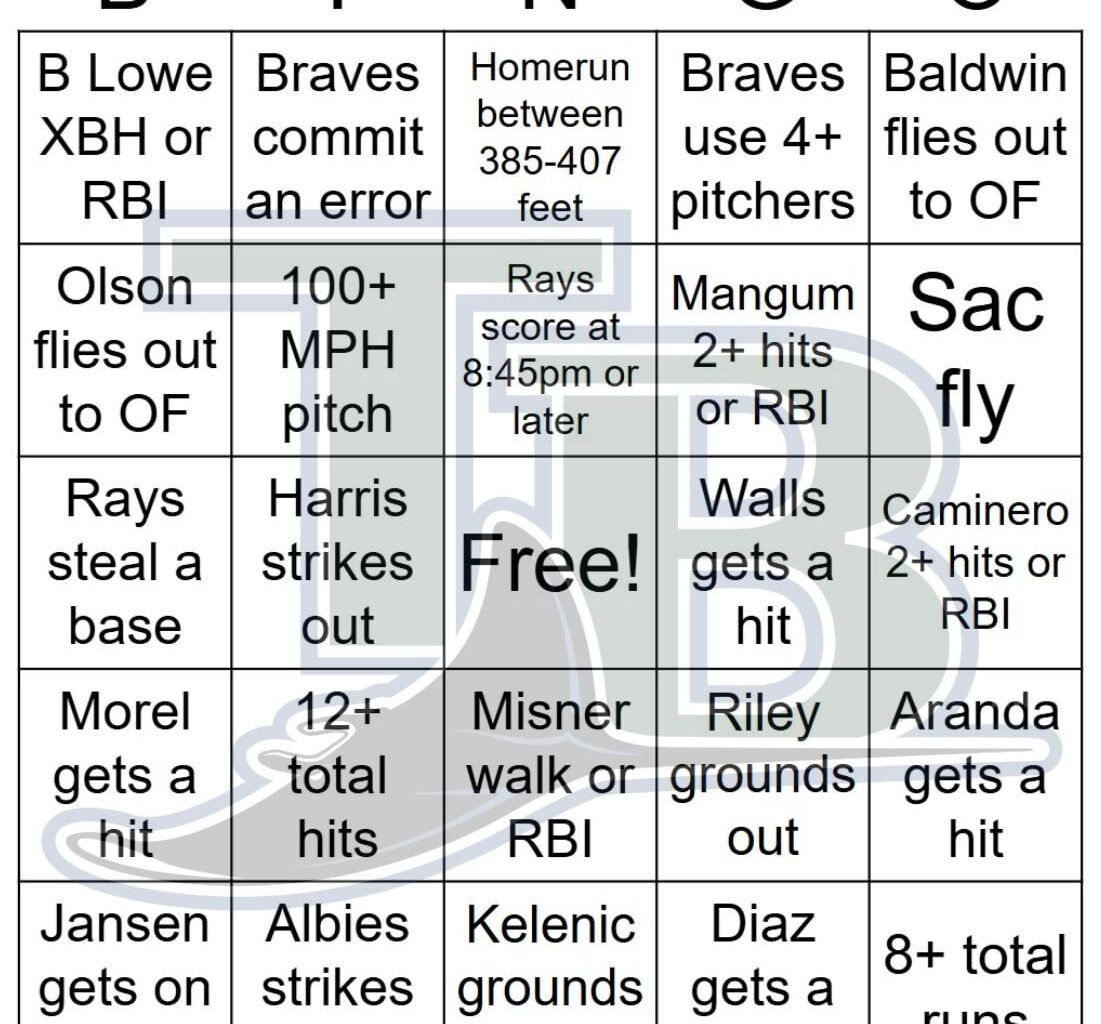 Rays vs Braves Bingo, 4/11/2025