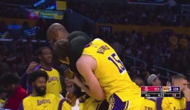 LeBron and Austin Reaves celebrate together after the win over the Rockets - Austin in post game interview says they were celebrating not being in the Play-In