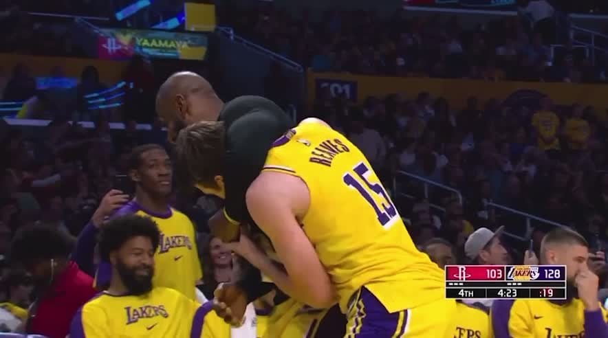 LeBron and Austin Reaves celebrate together after the win over the Rockets - Austin in post game interview says they were celebrating not being in the Play-In