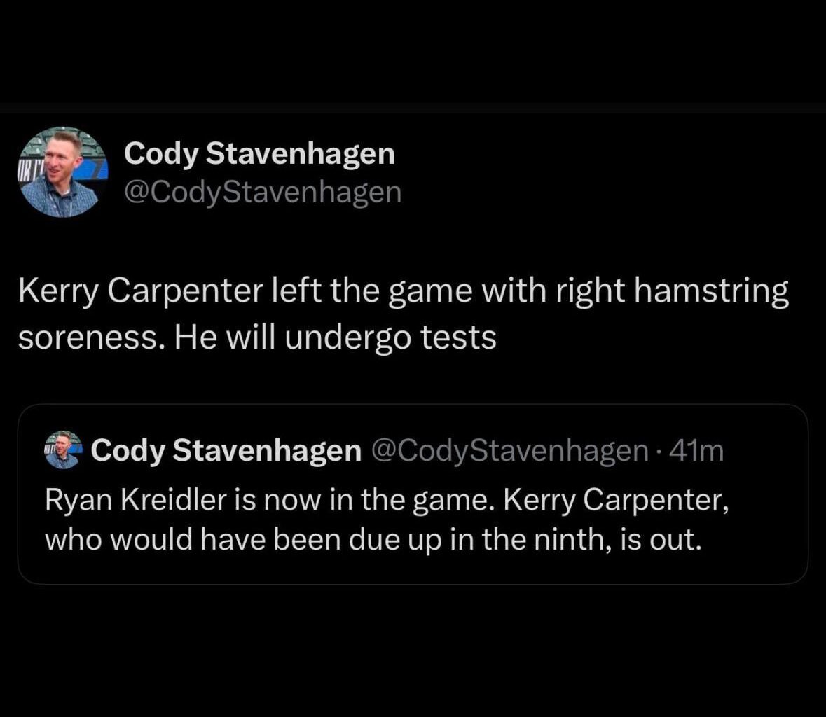 Carp left the game with Hamstring Soreness