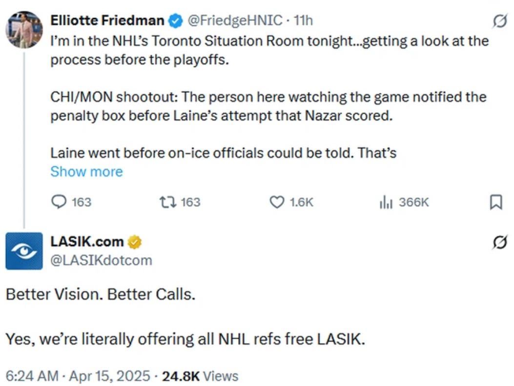 After Frank Nazar's missed (then reversed) shootout goal in Montreal, LASIK.com is now offering all NHL refs free treatment