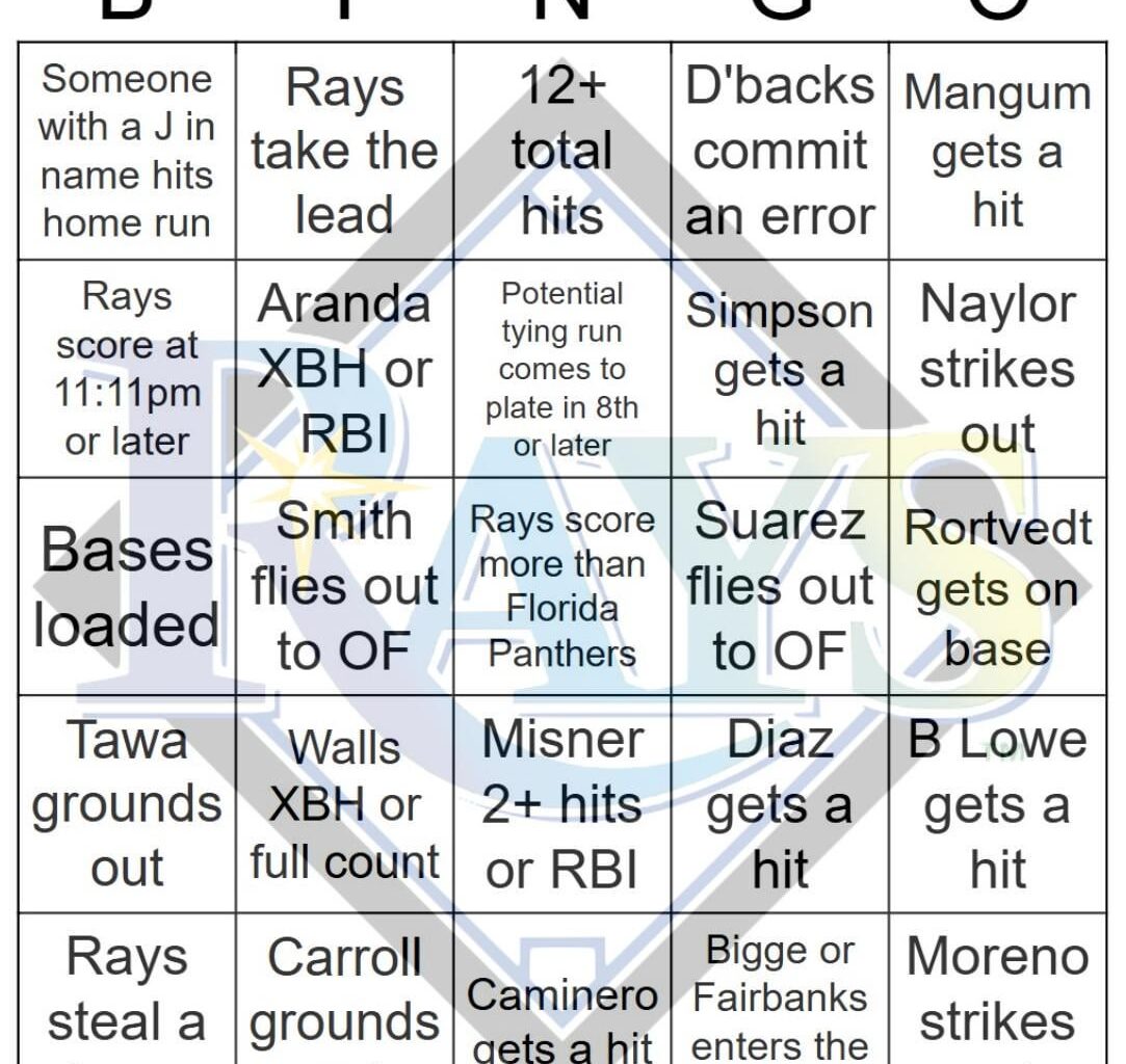 Rays vs Diamondbacks Bingo, 4/22/2025