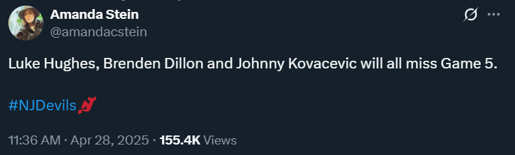 Luke Hughes, Brenden Dillon and Johnny Kovacevic will all miss Game 5.