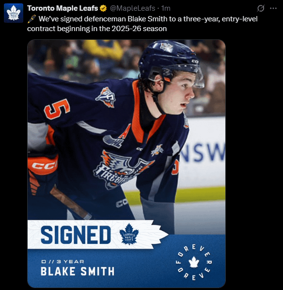 [Leafs] We’ve signed defenceman Blake Smith to a three-year, entry-level contract beginning in the 2025-26 season