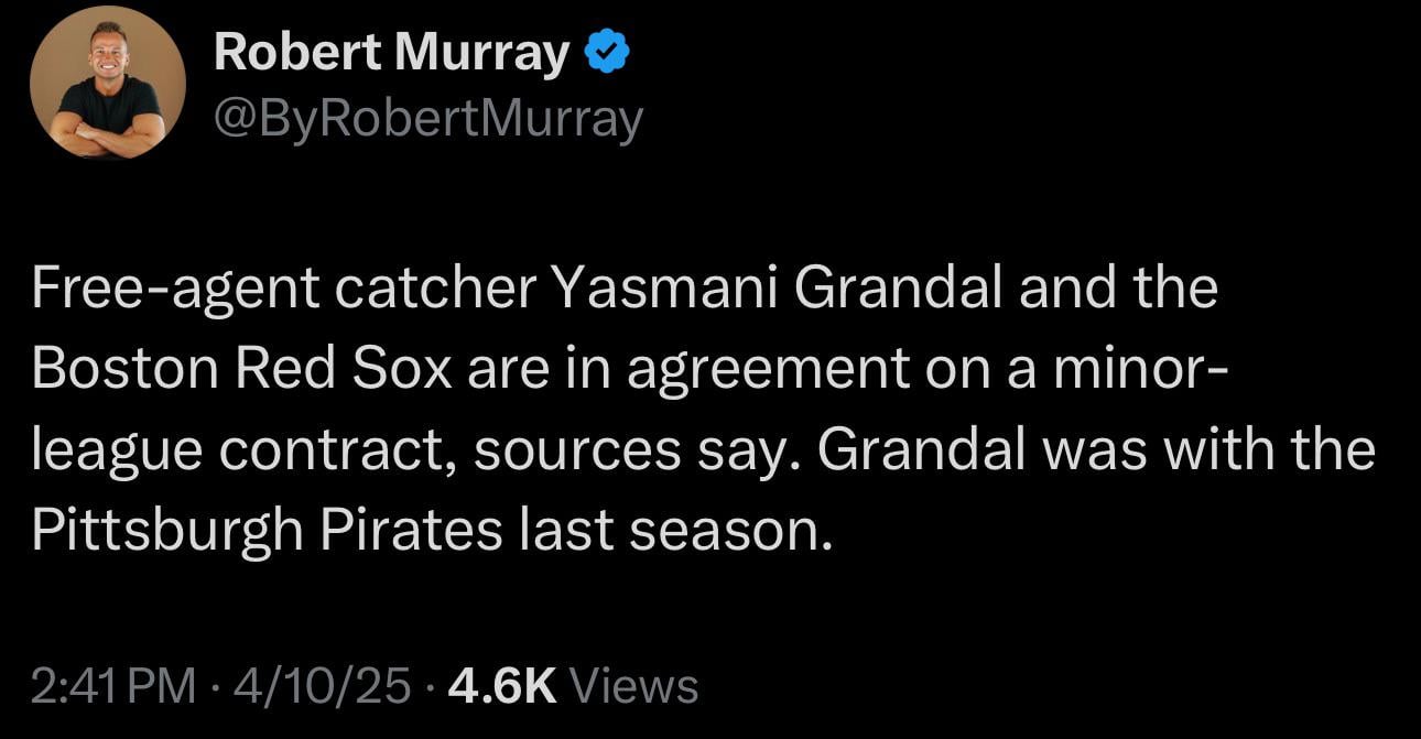 [Murray] Breaking: Free-agent catcher Yasmani Grandal and the Boston Red Sox are in agreement on a minor-league contract, sources say. Grandal was with the Pittsburgh Pirates last season.