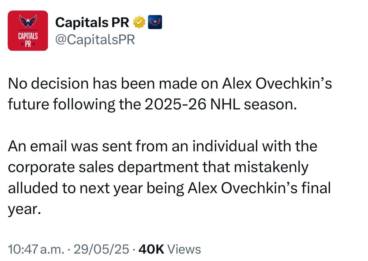 An e-mail was sent to Caps season ticket holders saying that next season was going to be Ovechkin’s last NHL season. The Caps PR team shut that down real quick.