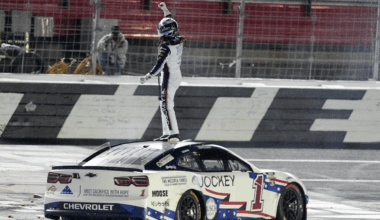 Denny Hamlin gets out of his car and checks out the screen during the Daytona 500 Pole Qualifying at Daytona International Speedway.