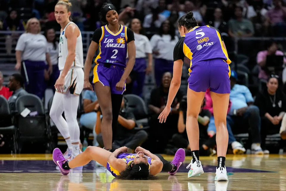 Sparks guard Rae Burrell celebrates after scoring against the New York Liberty at Crypto.com Arena on Aug. 28.