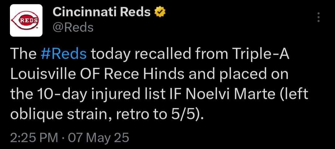 [Reds] Marte to 10-Day IL, Hinds recalled from Louisville