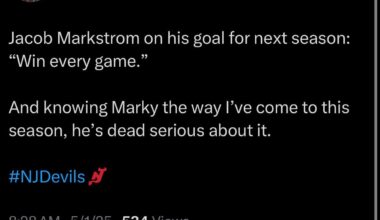 [Stein] Jacob Markstrom on his goal for next season: “Win every game.” And knowing Marky the way I’ve come to this season, he’s dead serious about it.