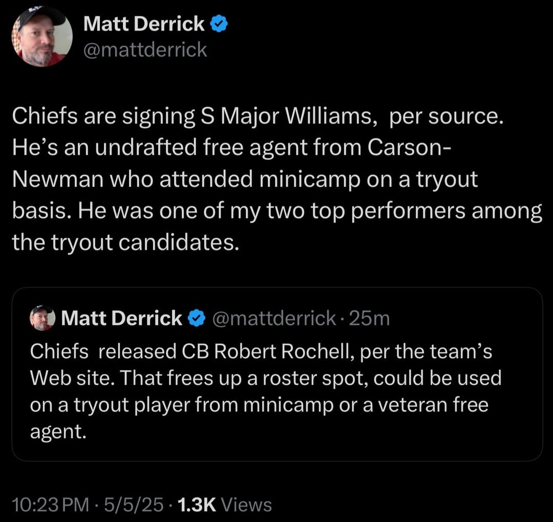 [Matt Derrick] Chiefs are signing S Major Williams,  per source. He’s an undrafted free agent from Carson-Newman who attended minicamp on a tryout basis. He was one of my two top performers among the tryout candidates.