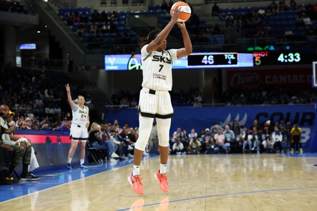 The Sky's Ariel Atkins shoots a 3-pointer during a preseason game against the Lynx on May 6, 2025, at Wintrust Arena. (Armando L. Sanchez/Chicago Tribune)