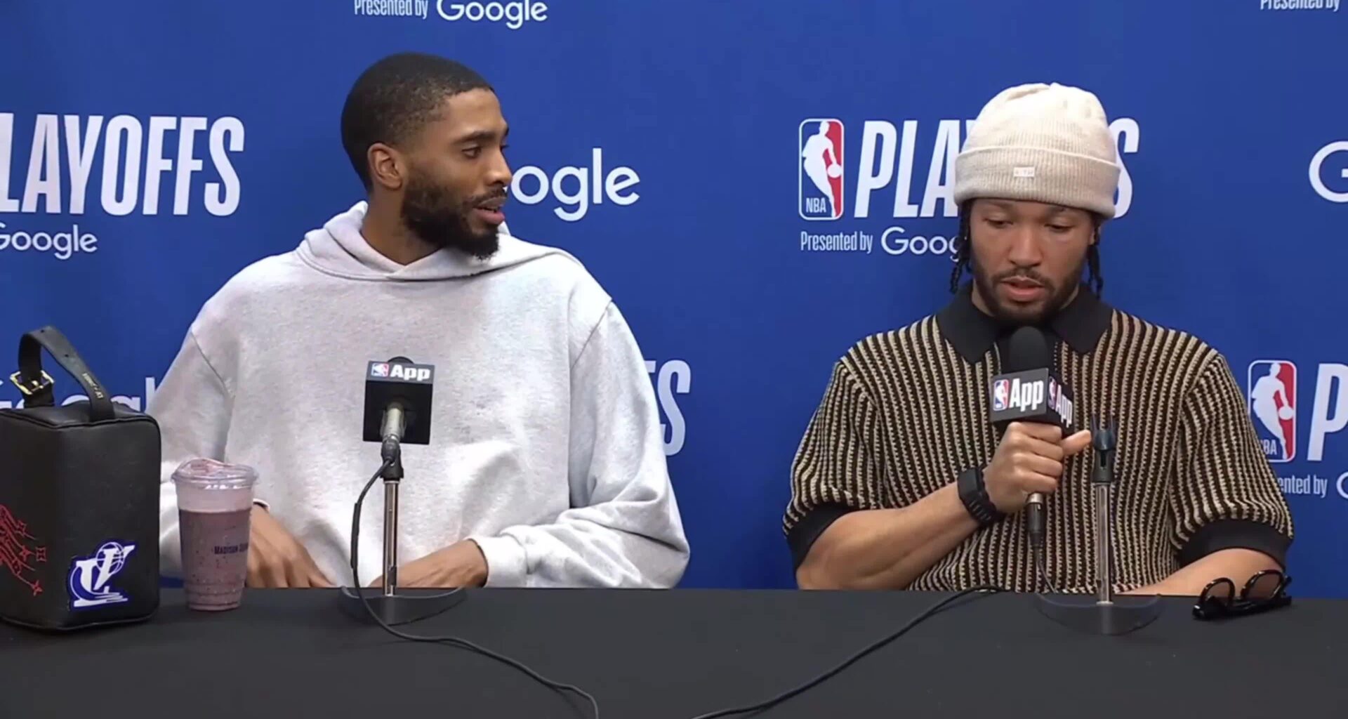 Brunson interrupts the first question at the post game presser to send well wishes to Jayson Tatum: "Prayers out to JT man. Just want to say that first and foremost. Thoughts and prayers with him. Just praying for the best."