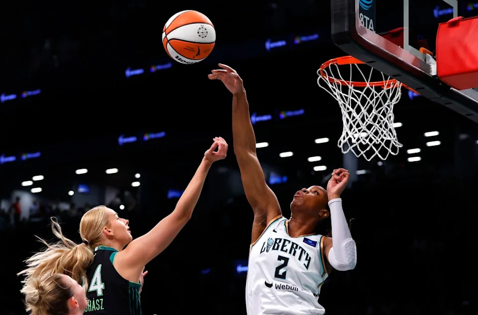 Liberty forward Kennedy Burke blocks the shot of Minnesota Lynx forward Napheesa Collier (24) during the first half of a game at Barclays Center on Sept. 15, 2024. Noah K. Murray-NY Post