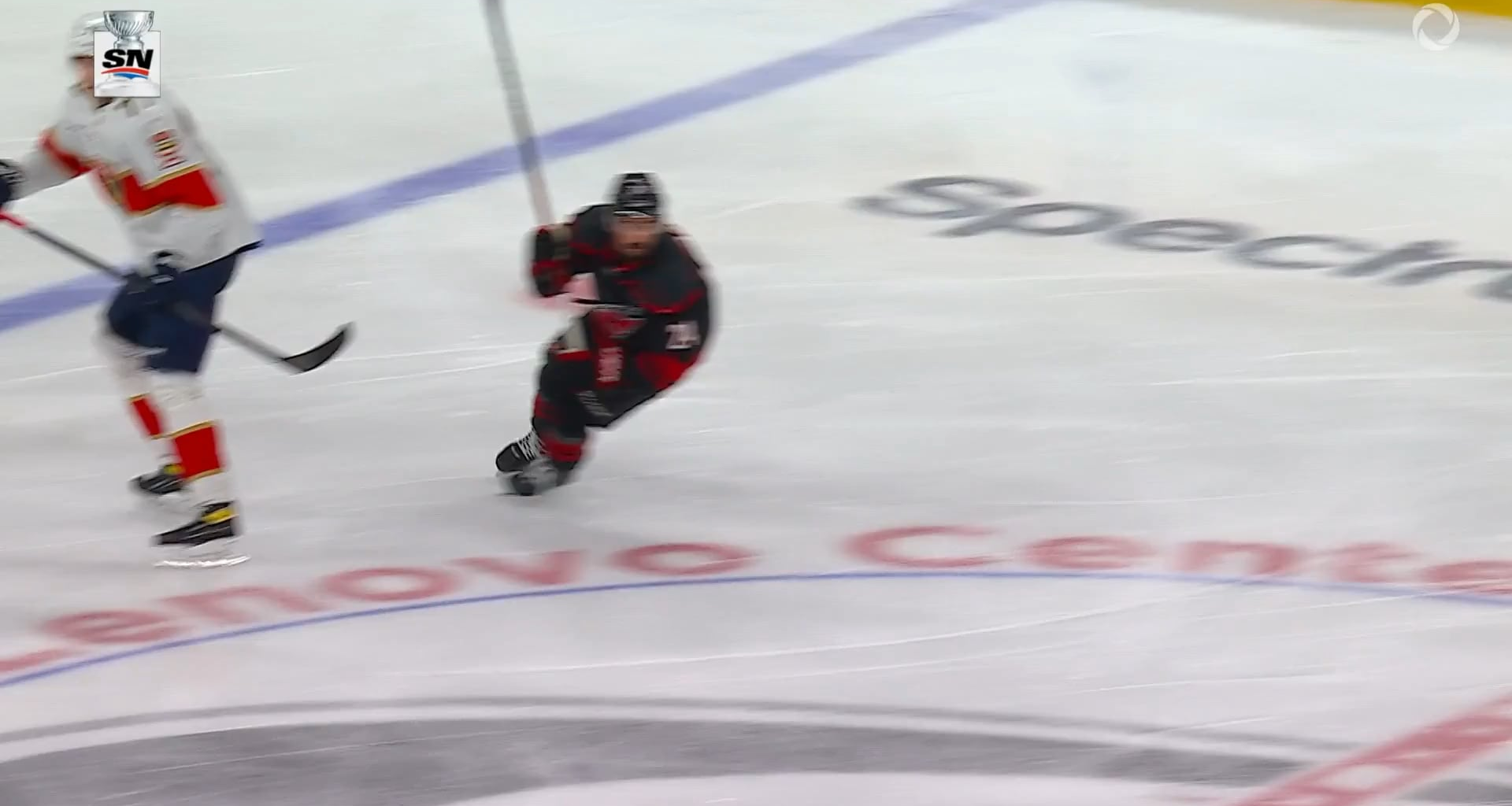 [FLA 4 CAR 0] Seth Jarvis headed to the locker room after taking a big hit from Mikkola