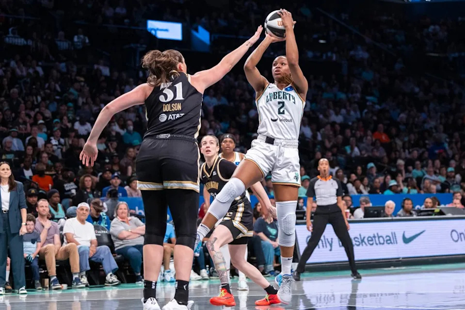 Liberty forward Kennedy Burke shoots over the Mystics’ Stefanie Dolson in the first half at Barclays Center on June 9, 2024. Corey Sipkin for the NY POST