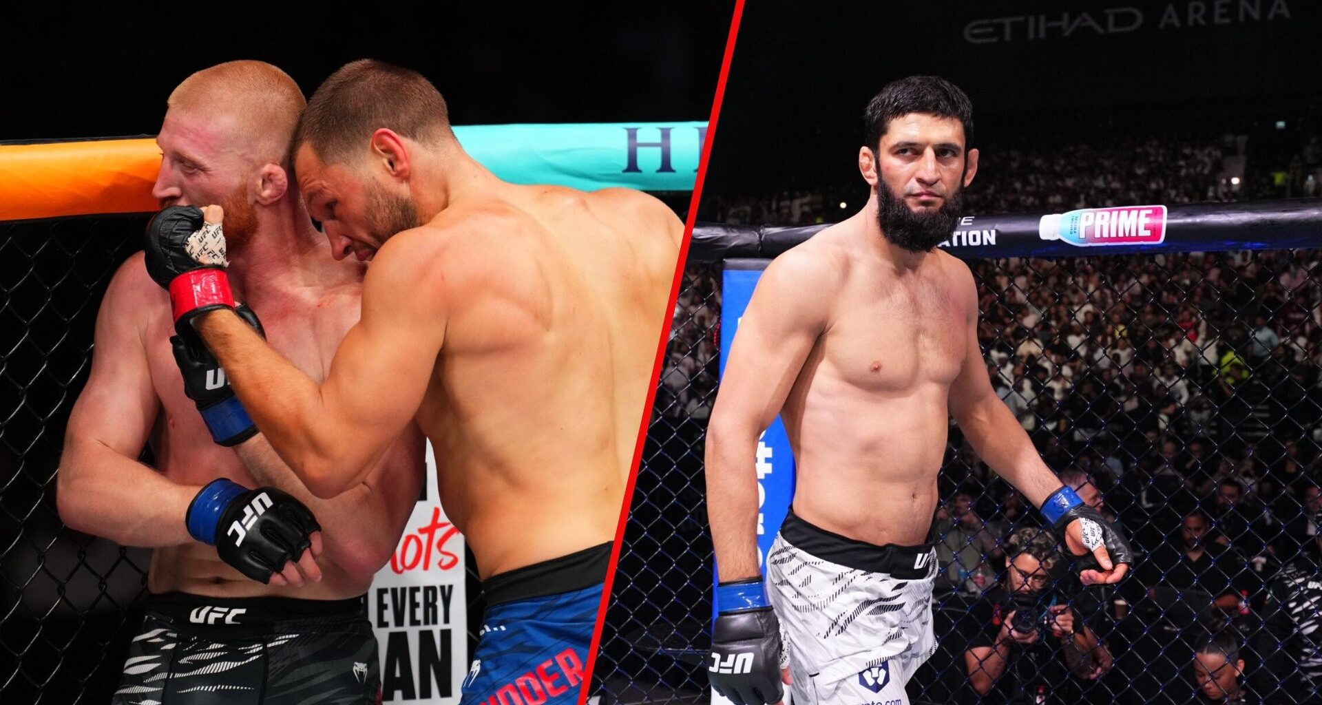 Left photo shows Bo Nickal being punched by Reinier De Ridder in their UFC Des Moines fight. Right photo shows Khamzat Chimaev before his fight at ...