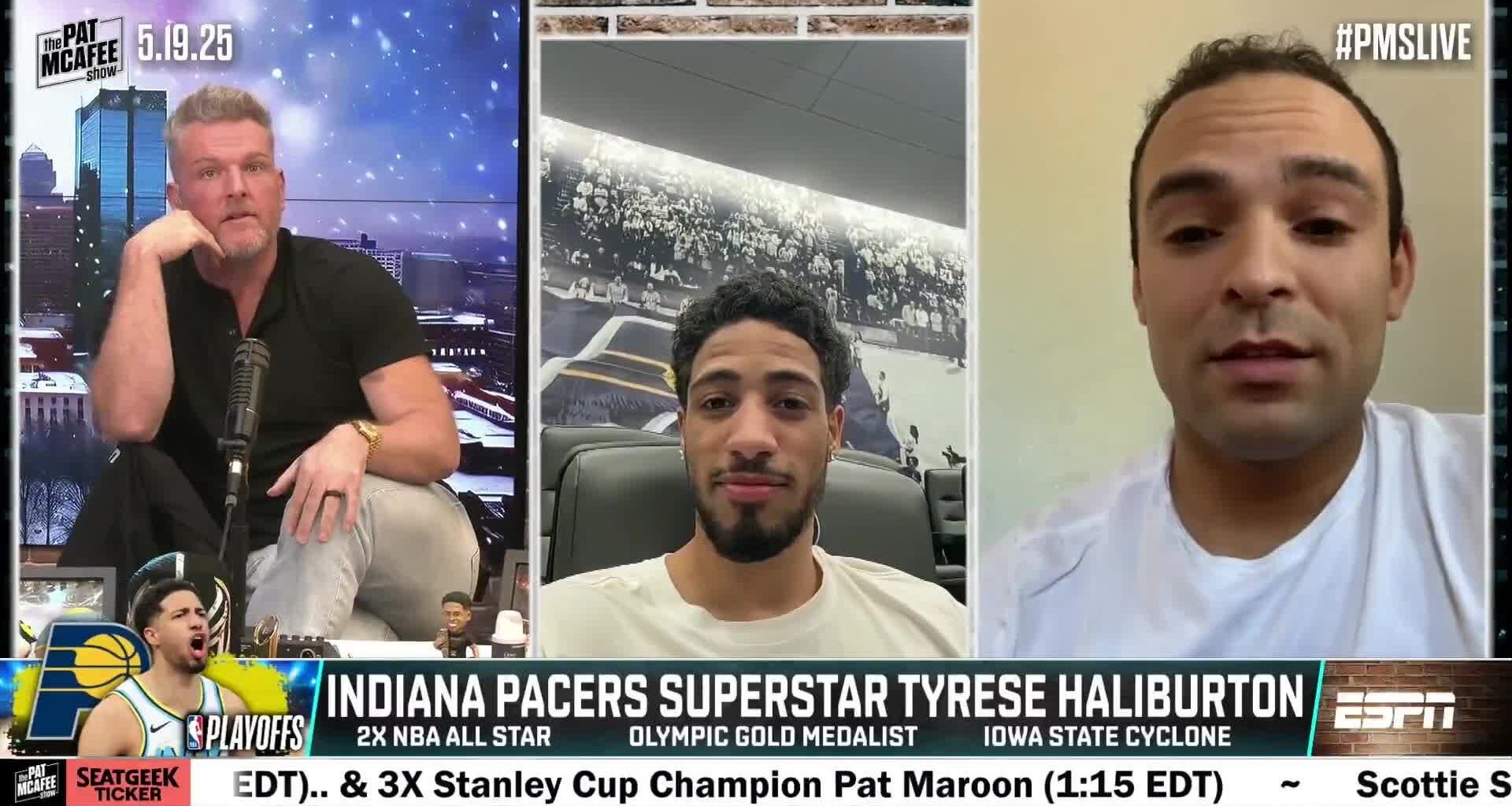 Tyrese Haliburton goes on the Pat McAfee Show to talk to the Pacers fan that was attacked by Knicks fans after Game 6: "I want to personally bring you and a plus-1 out here to Indiana for Game 4, everyone in the org wants to make sure you're taken care of, everyone on the team's excited to meet you"