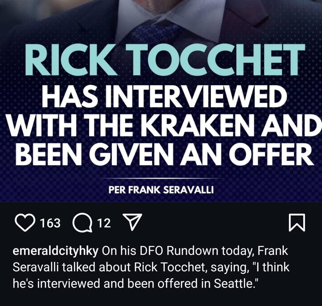 [Emerald City Hockey] Rick Tocchet has interviewed with the Kraken and been given an offer (per Frank Seravalli)