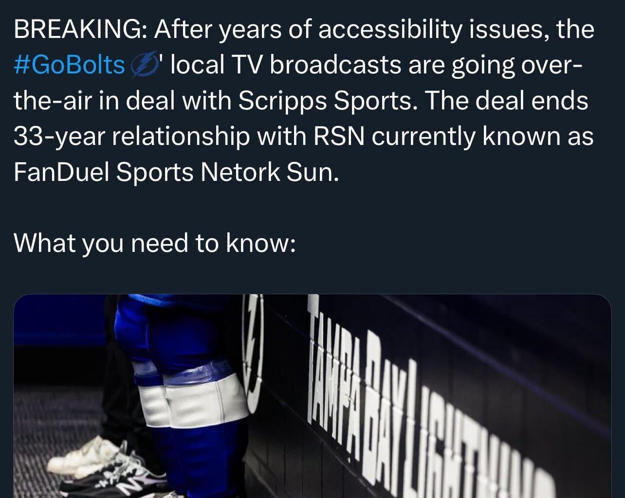 [Encina] BREAKING: After years of accessibility issues, the Bolts’ local TV broadcasts are going over-the-air in deal with Scripps Sports. The deal ends 33-year relationship with RSN currently known as FanDuel Sports Netork Sun.